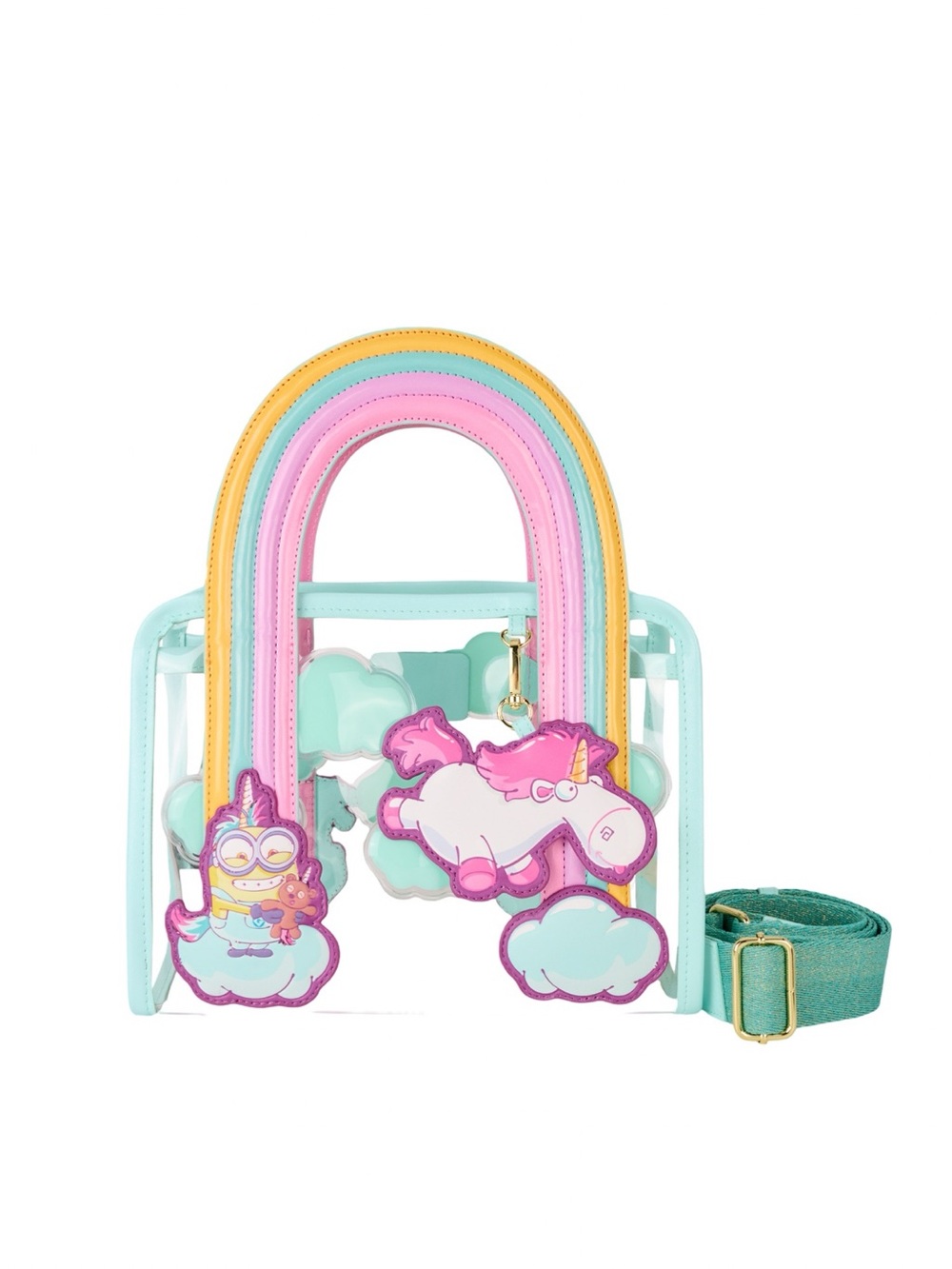 Loungefly Minions Fluffy Unicorn Rainbow Clear Mini Tote Crossbody Bag NEW